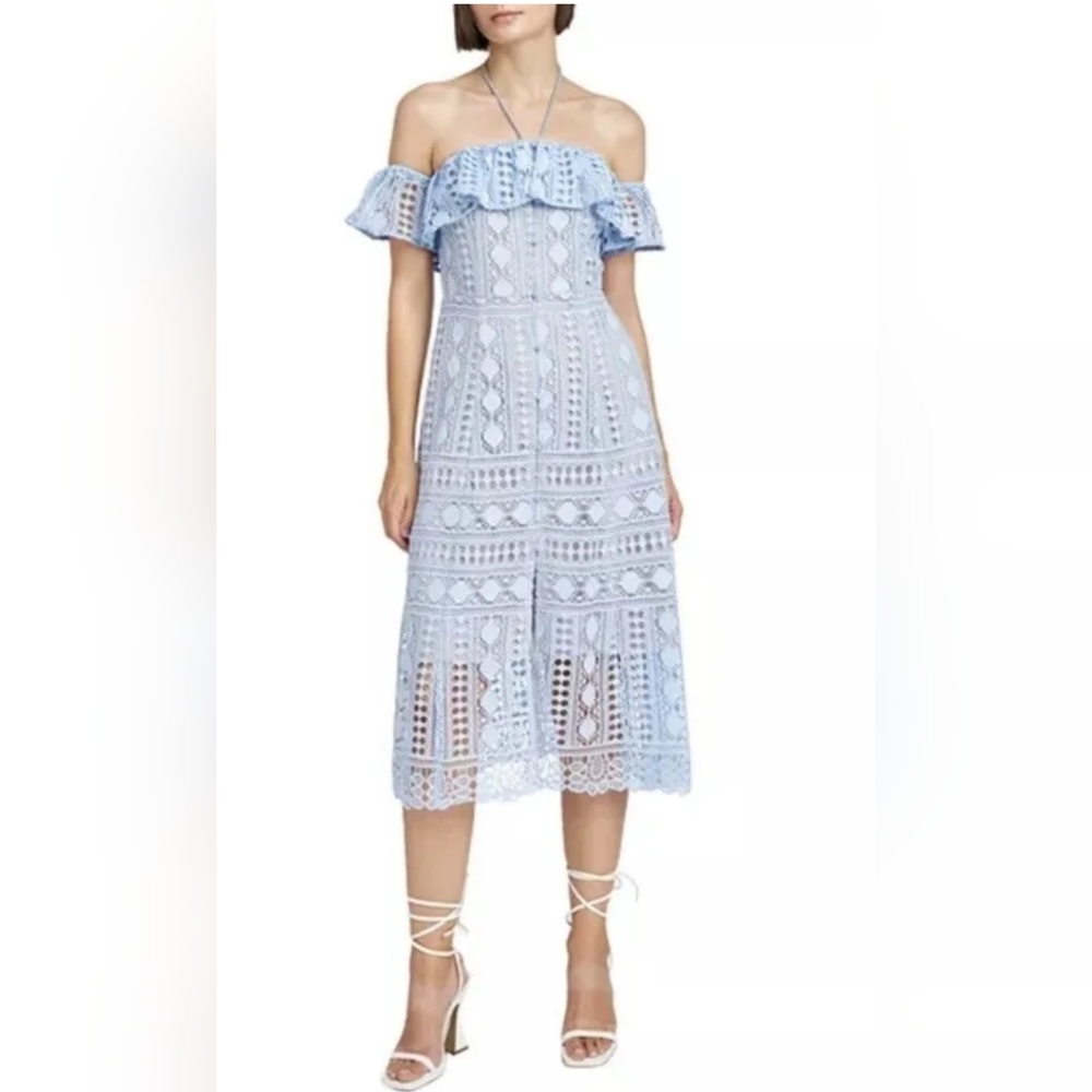 En Saison Janelle Midi Dress Pastel Blue Lace Ruffle Size Medium